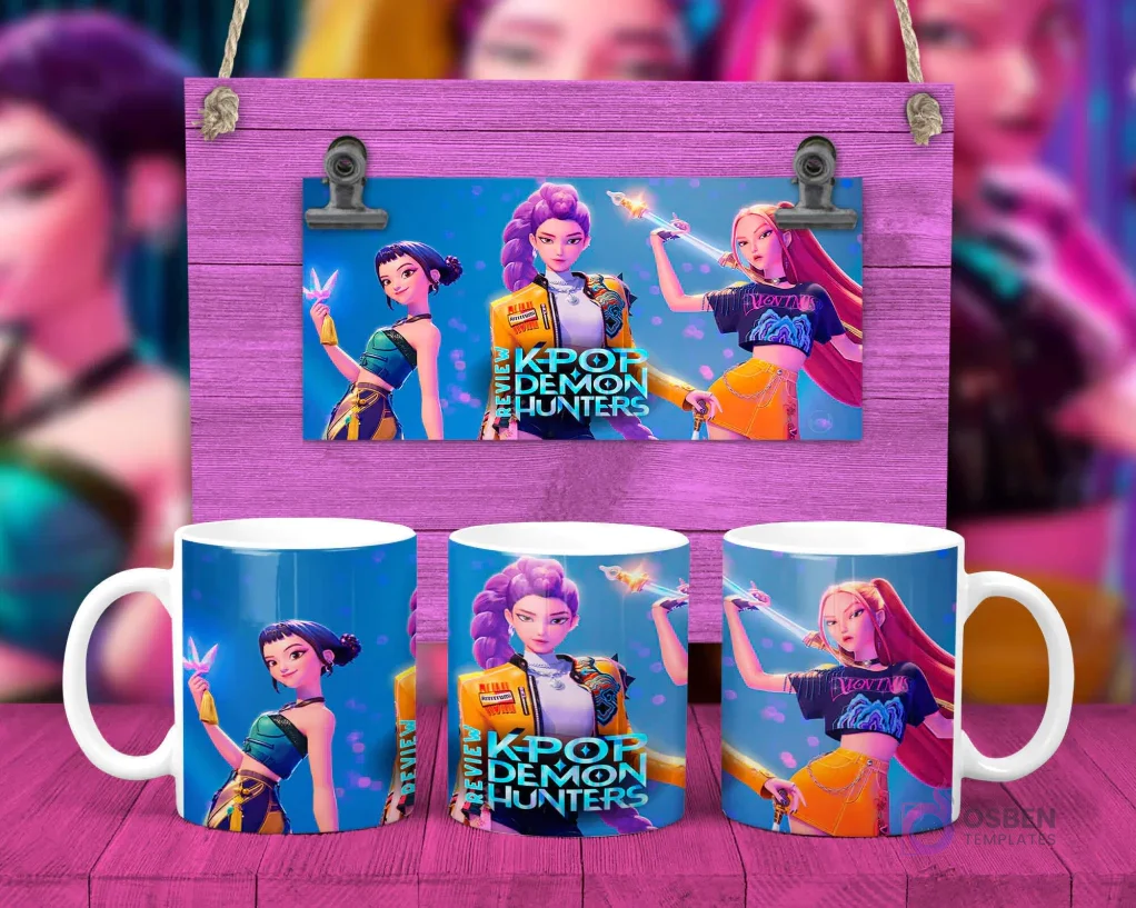 Taza sublimada con tres personajes femeninos KPOP Demon Hunters posando con mariposas luminosas Taza sublimada con tres personajes femeninos KPOP Demon Hunters posando con mariposas luminosas