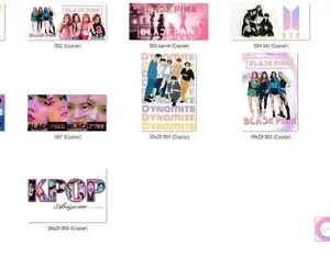 Una cuadrícula de diez miniaturas que muestran los 15 diseños incluidos en el pack: varios de BTS ('Dynamite', retratos, grupo), Blackpink (retratos, siluetas) y un diseño genérico de KPOP.