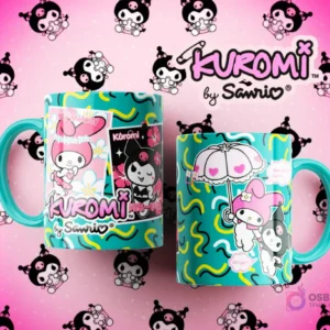 Dos tazas de sublimación Kuromi y My Melody en tonos teal y verde, mostrando diseños de amistad y colaboración entre los personajes.