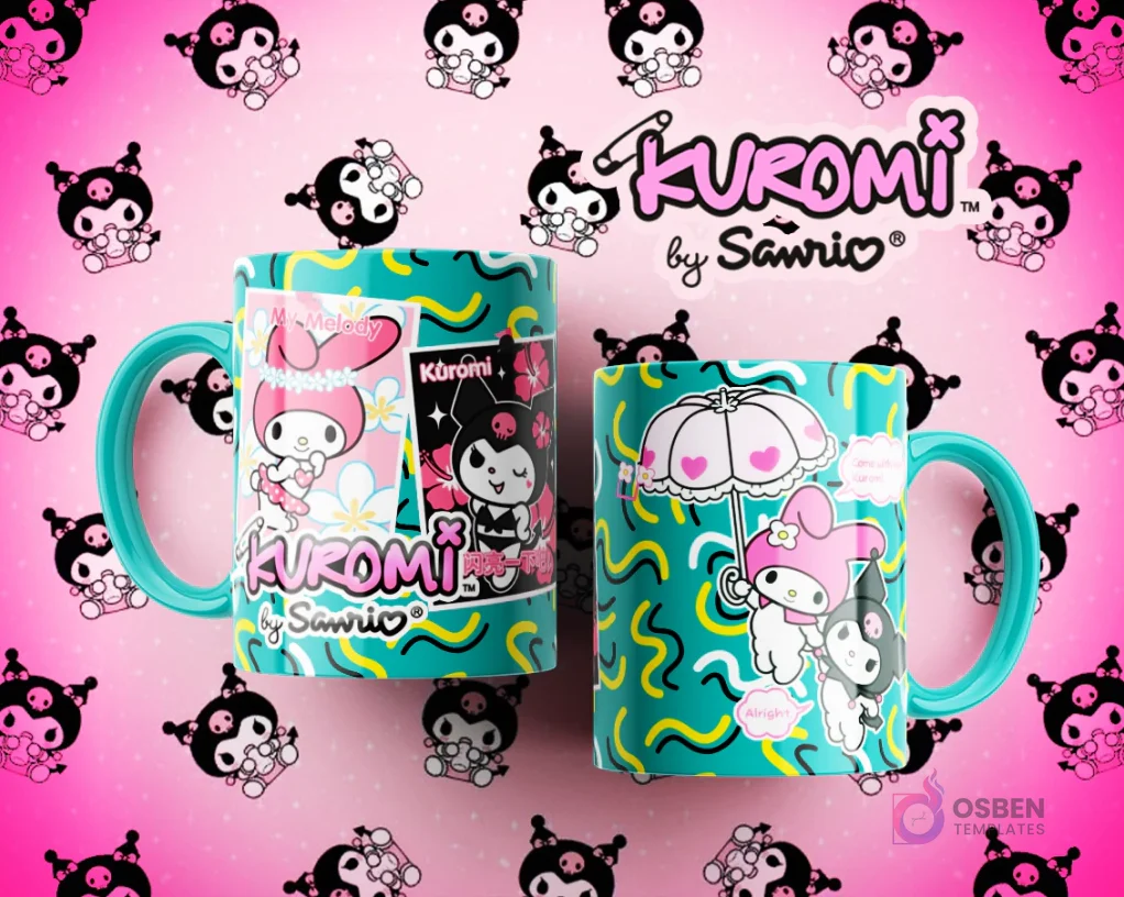 Dos tazas de sublimación Kuromi y My Melody en tonos teal y verde, mostrando diseños de amistad y colaboración entre los personajes. Dos tazas de sublimación Kuromi y My Melody en tonos teal y verde, mostrando diseños de amistad y colaboración entre los personajes.