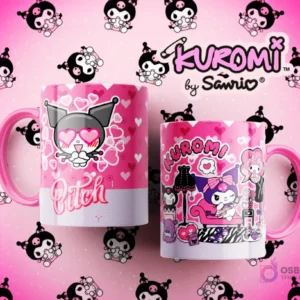 Tazas Kuromi con diseños audaces y elegantes: una con Kuromi con corazón y la palabra 'Bitch', la otra con Kuromi en una habitación rosa con un vestido.