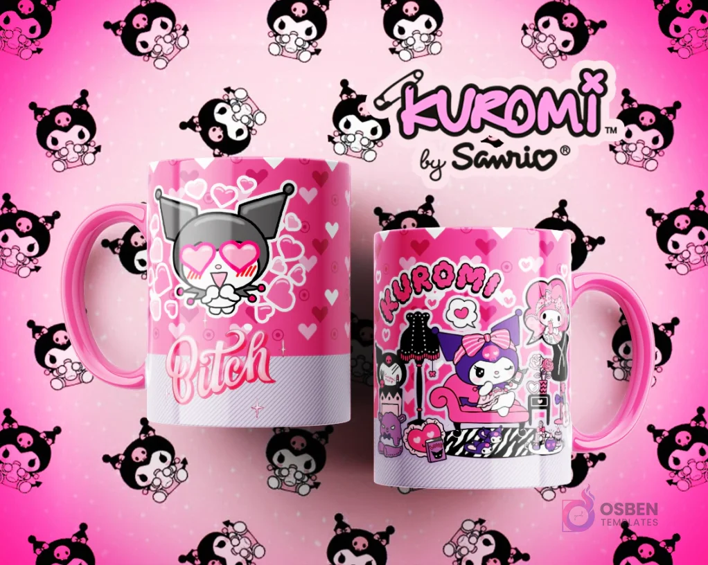 Tazas Kuromi con diseños audaces y elegantes: una con Kuromi con corazón y la palabra 'Bitch', la otra con Kuromi en una habitación rosa con un vestido. Tazas Kuromi con diseños audaces y elegantes: una con Kuromi con corazón y la palabra 'Bitch', la otra con Kuromi en una habitación rosa con un vestido.