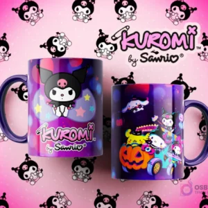 Tazas Kuromi con diseños oscuros y temáticos: una con Kuromi rodeada de estrellas y la otra con Kuromi y amigos en un vehículo temático de Halloween.