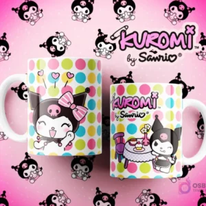 Tazas Kuromi blancas con lunares de colores, presentando a Kuromi sonriendo y disfrutando de un té en un ambiente relajado.