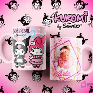 Tazas Kuromi y My Melody en trajes elegantes de maid/princesa y taza personalizada con foto de bebé recién nacida Karla y marcos coloridos.