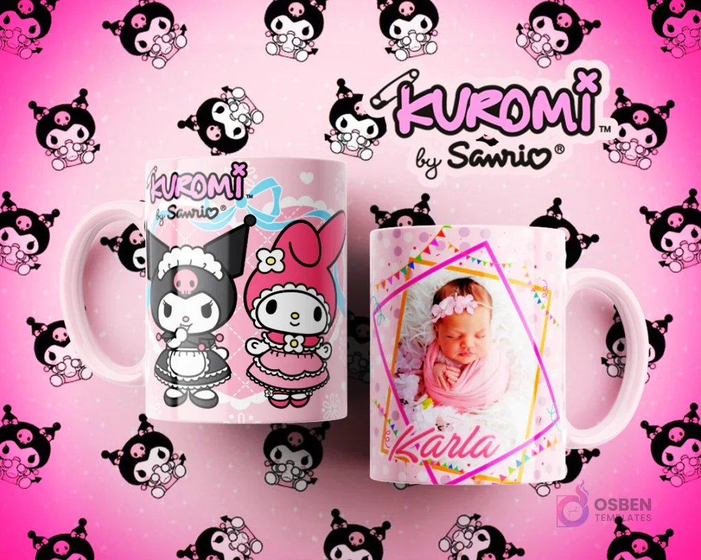 Tazas Kuromi y My Melody en trajes elegantes de maid/princesa y taza personalizada con foto de bebé recién nacida Karla y marcos coloridos. Tazas Kuromi y My Melody en trajes elegantes de maid/princesa y taza personalizada con foto de bebé recién nacida Karla y marcos coloridos.