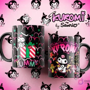 Tazas Kuromi negras con diseños contrastantes: una con Kuromi sosteniendo un regalo navideño y otra con Kuromi estilo punk con fuego y hongos.