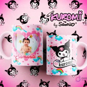 Dos tazas de sublimación Kuromi personalizadas en rosa, una con marco de corazón para foto de bebé y nombre Samanta, otra con Kuromi y arcoíris.