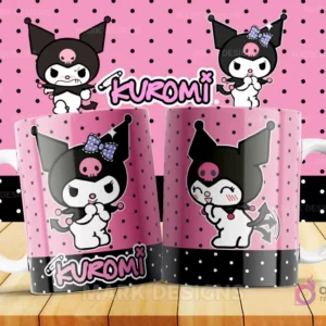 Taza personalizada con Kuromi en pose tímida con mejillas sonrojadas, sobre un fondo rosa de lunares. La base de la taza es negra con lunares blancos. Parte de la colección vol.2 de Sanrio.