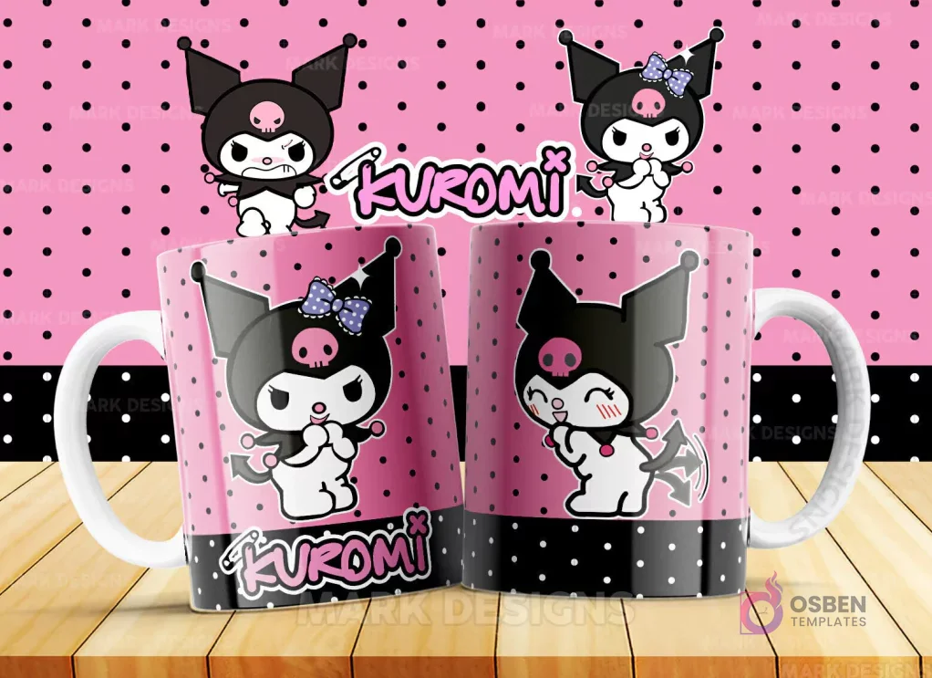 Taza personalizada con Kuromi en pose tímida con mejillas sonrojadas, sobre un fondo rosa de lunares. La base de la taza es negra con lunares blancos. Parte de la colección vol.2 de Sanrio. Taza personalizada con Kuromi en pose tímida con mejillas sonrojadas, sobre un fondo rosa de lunares. La base de la taza es negra con lunares blancos. Parte de la colección vol.2 de Sanrio.