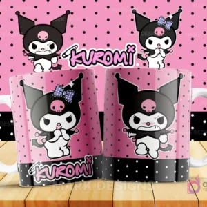 Taza de sublimación con diseño de Kuromi enojada o frunciendo el ceño, con sus característicos cuernos y cráneo. Fondo rosa de lunares y base negra punteada. Ideal para fans de su lado más rebelde.