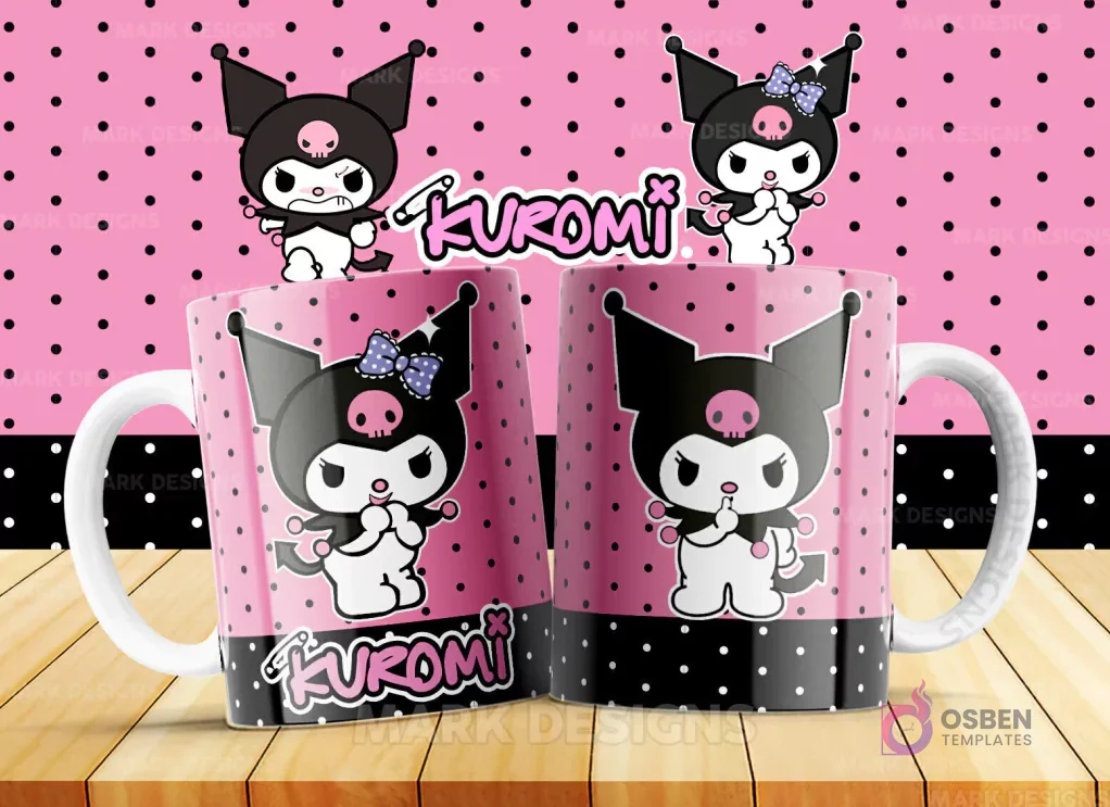 Taza con diseño de Kuromi en una pose juguetona, con pequeños colmillos y su distintiva cola de diablo. La imagen es vibrante sobre un fondo rosa, destacando la personalidad del personaje. Taza con diseño de Kuromi en una pose juguetona, con pequeños colmillos y su distintiva cola de diablo. La imagen es vibrante sobre un fondo rosa, destacando la personalidad del personaje.