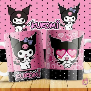 Taza de cerámica con Kuromi mostrando una expresión de amor, rodeada de corazones de diferentes tonos rosas y azules. Un diseño que captura el lado más cariñoso de Kuromi.