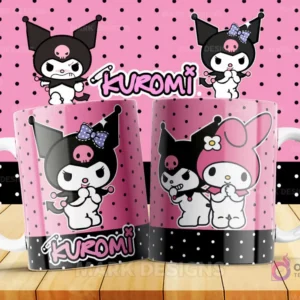 Diseño de taza que presenta a Kuromi junto a otro personaje de Sanrio, My Melody, creando una escena de amistad y ternura. Fondo rosa y patrones de puntos, ideal para dúos de fans.