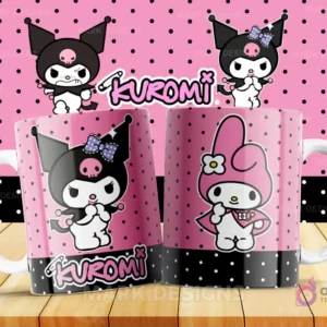 Taza con diseño de Kuromi en pose reflexiva o soñadora, con un sombrero de estilo gótico o un accesorio similar que realza su encanto oscuro y dulce. Parte de la colección Vol.2.