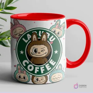 Taza blanca con interior y asa rojos, mostrando el logo 'LABUBU COFFEE' y un Labubu café guiñando el ojo, rodeado de pequeños Labubu de colores pastel.
