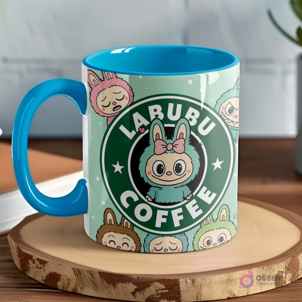 Taza mint green con interior y asa azules, destacando el logo 'LABUBU COFFEE' con un Labubu celeste sonriendo y otros personajes en los bordes. Taza mint green con interior y asa azules, destacando el logo 'LABUBU COFFEE' con un Labubu celeste sonriendo y otros personajes en los bordes.