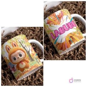 Taza sublimada con Labubu disfrazado de zorro en paisaje otoñal, junto a taza con logo Labubu y hojas de otoño flotando sobre fondo marrón.