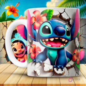 Taza con diseño 3D de Stitch azul sonriendo ampliamente con collar de flores rojas, saliendo de una pared rota con vegetación tropical.