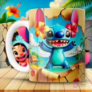 Taza sublimada con diseño 3D de Stitch azul con collar de flores, saliendo de una pared rota que revela una playa paradisíaca.