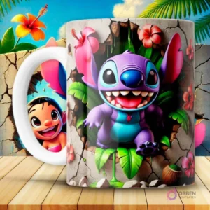 Taza con diseño 3D de Stitch morado sonriendo con hojas y cocos tropicales, saliendo de una pared rota en un entorno selvático.