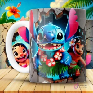 Taza con diseño 3D de Stitch azul con collar de flores rojas y falda de hojas, junto a Lilo con falda de hojas, saliendo de una pared gris oscura.