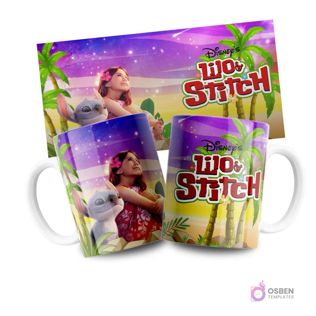 Mockup de taza con Lilo y Stitch bajo cielo estrellado nocturno, plantilla temática tropical Disney Mockup de taza con Lilo y Stitch bajo cielo estrellado nocturno, plantilla temática tropical Disney