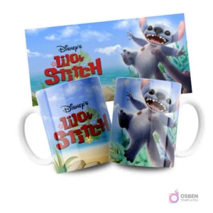 Diseño de sublimación para taza con Stitch saltando alegremente en el agua del mar tropical, playa Disney