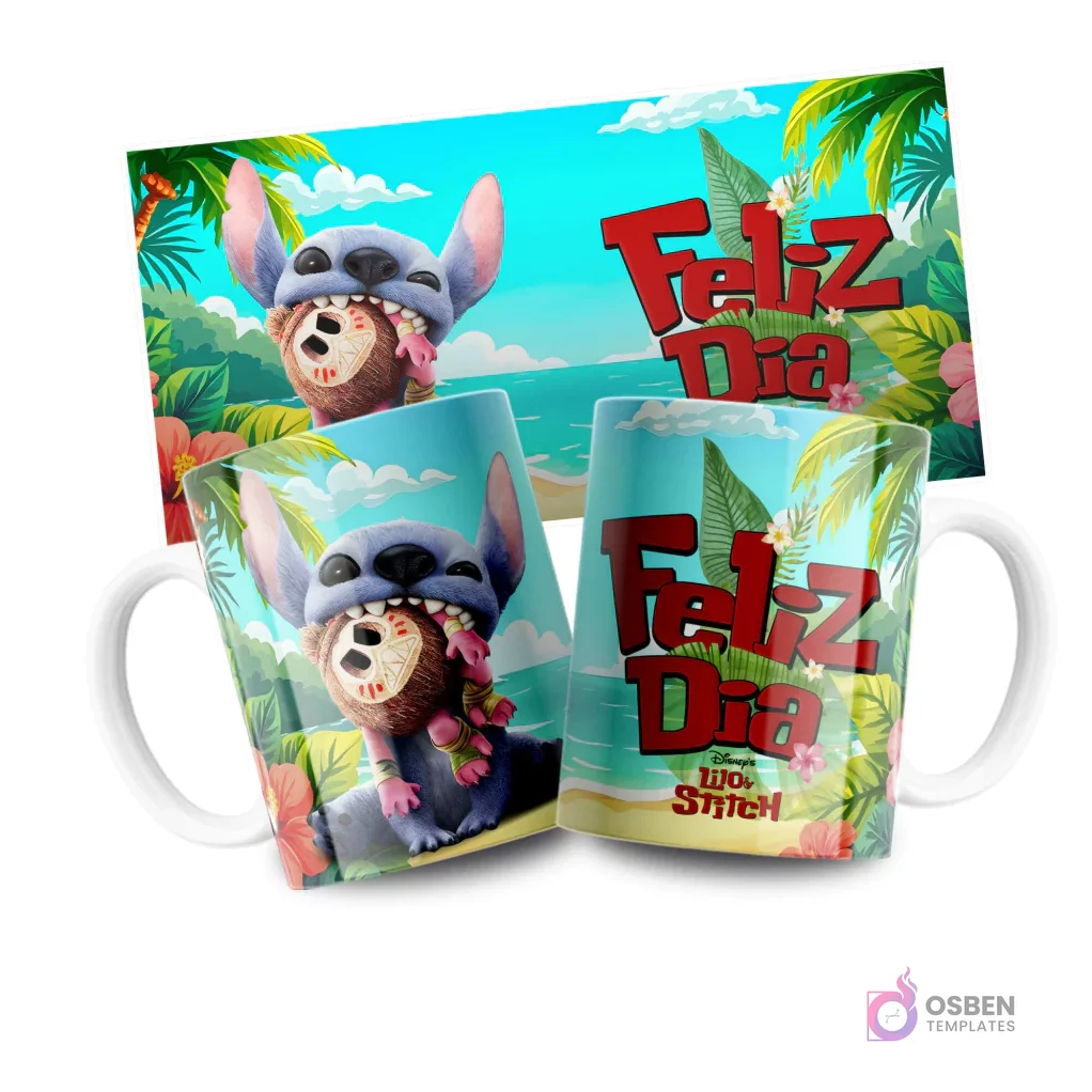 Plantilla de taza con Stitch mordiendo un coco y mensaje 'Feliz Día' en fondo tropical, diseño Disney Plantilla de taza con Stitch mordiendo un coco y mensaje 'Feliz Día' en fondo tropical, diseño Disney