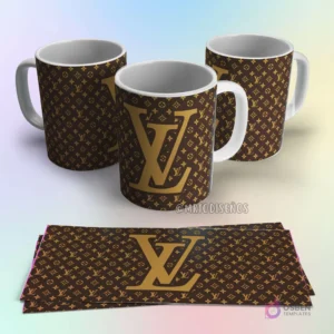 Taza de sublimación Louis Vuitton marrón con patrón de monograma clásico y logo LV en dorado