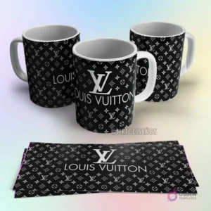 Taza de sublimación Louis Vuitton negra con patrón de monograma clásico y logo LV en blanco