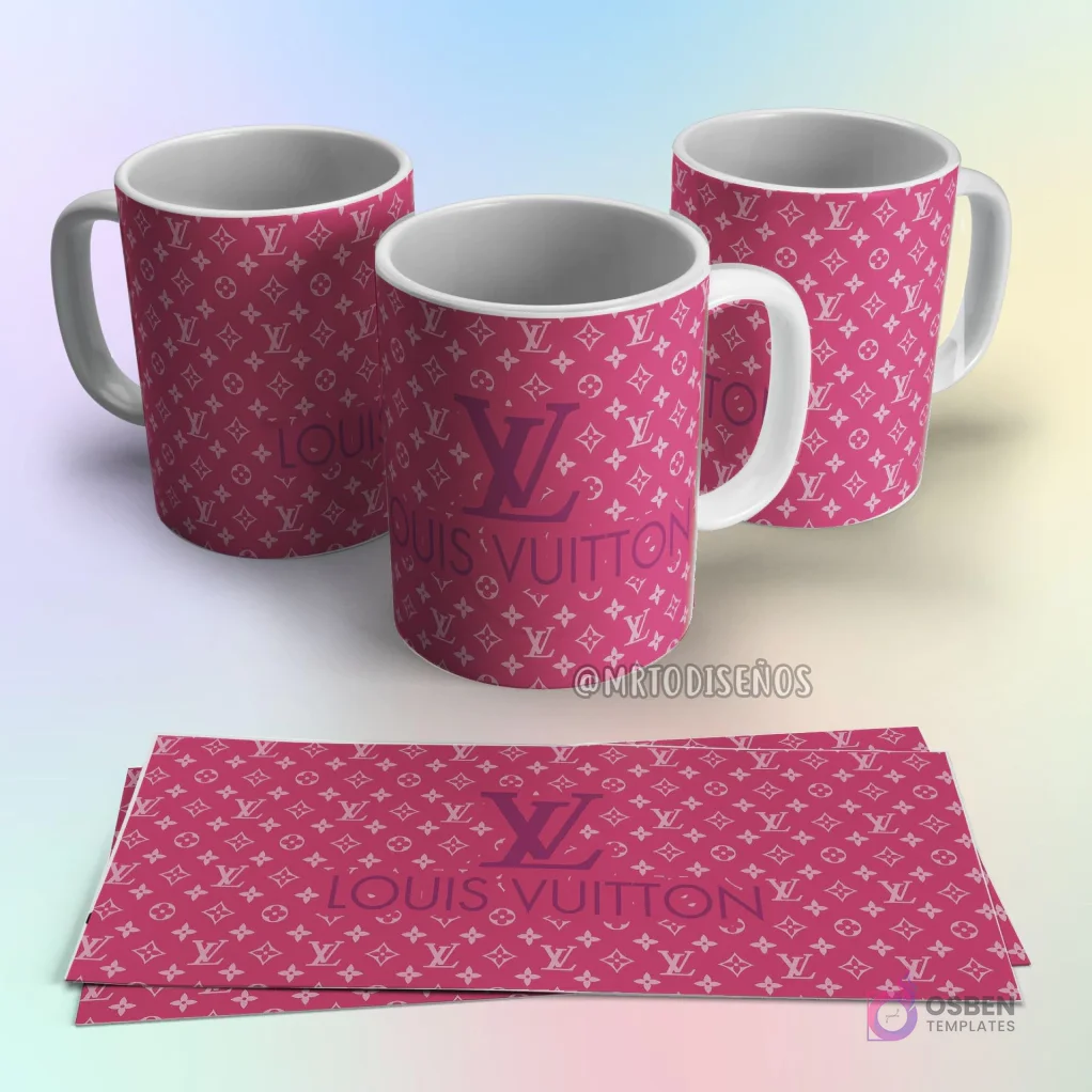 Taza de sublimación Louis Vuitton rosa con patrón de monograma clásico y logo LV en morado Taza de sublimación Louis Vuitton rosa con patrón de monograma clásico y logo LV en morado