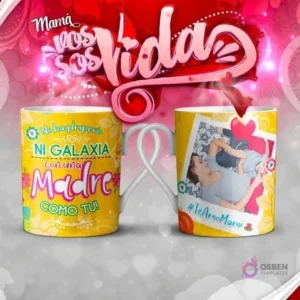 Mockup de dos tazas para sublimación, una con la frase 'No hay imperio ni galaxia con una madre como tú!' y la otra con un marco de foto para personalización y hashtag '#TeAmoMami'.