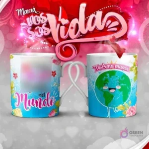Mockup de dos tazas para el Día de la Madre, una con espacio para foto y texto 'del Mundo', y la otra con una ilustración de la Tierra sonriente y 'Te amo mamá'.