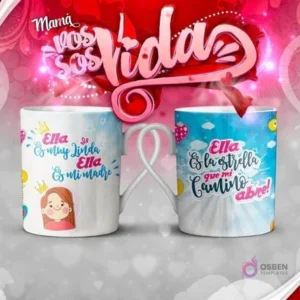 Mockup de dos tazas con ilustraciones de dibujos animados de una niña y frases como 'Ella es muy linda ella es mi madre' y 'Ella es la estrella que mi camino abre!', para el Día de la Madre.