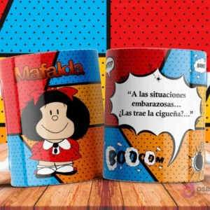 Taza con imagen de Mafalda y el texto 'A las situaciones embarazosas... ¿las trae la cigüeña?...'