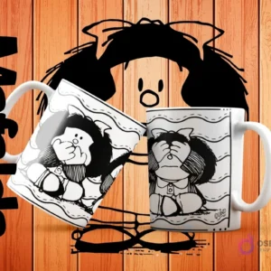 Dos tazas blancas de sublimación con un diseño de Mafalda tapándose los ojos con las manos, en un estilo de dibujo a tinta blanco y negro sobre fondo blanco con líneas.