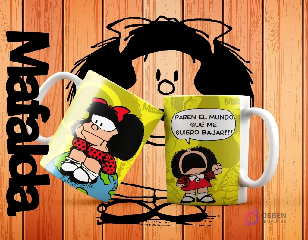 Dos tazas blancas de sublimación con diseños de Mafalda. Una la muestra sentada sobre un globo terráqueo y la otra gritando '¡Paren el mundo que me quiero bajar!!!' sobre un fondo amarillo. Dos tazas blancas de sublimación con diseños de Mafalda. Una la muestra sentada sobre un globo terráqueo y la otra gritando '¡Paren el mundo que me quiero bajar!!!' sobre un fondo amarillo.