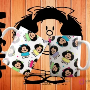 Dos tazas blancas de sublimación con un patrón repetitivo de Mafalda vestida de varios colores sobre un fondo blanco con lunares, en un diseño colorido y alegre.