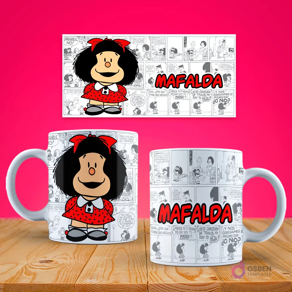 Maqueta de taza de café con diseño de Mafalda sonriendo ampliamente con un vestido rojo, sobre un fondo de viñetas monocromáticas de su tira cómica. Maqueta de taza de café con diseño de Mafalda sonriendo ampliamente con un vestido rojo, sobre un fondo de viñetas monocromáticas de su tira cómica.