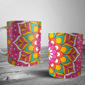Dos tazas blancas con un diseño de mandala vibrante y animado, con patrones fluidos en rosa brillante, amarillo, naranja y teal.