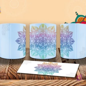 Diseño de mandala contorneado con degradado arcoíris, listo para sublimar en tazas blancas. Vista frontal, lateral y trasera con plantilla sobre madera.