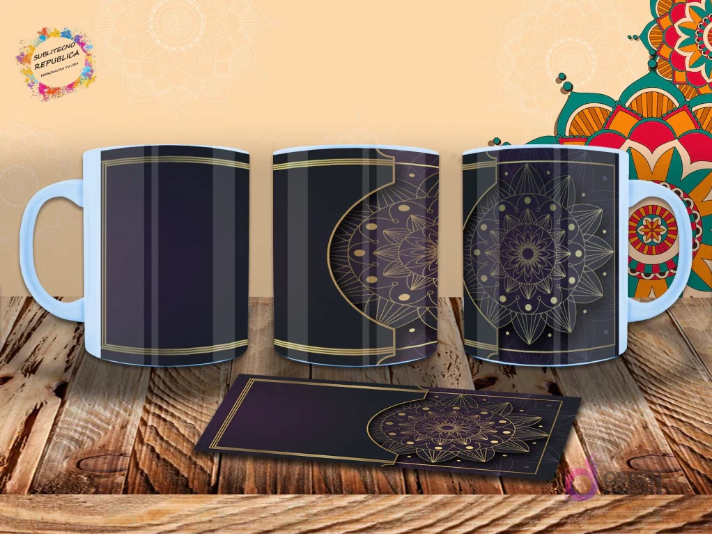 Taza con lujoso diseño de mandala dorado sobre fondo oscuro, en tonos púrpura y negro. Patrones intrincados y elegantes. Mockup. Taza con lujoso diseño de mandala dorado sobre fondo oscuro, en tonos púrpura y negro. Patrones intrincados y elegantes. Mockup.