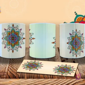 Taza sublimada con mandala central colorido, combinando tonos rojo, azul, amarillo y verde en un patrón simétrico. Mockup.