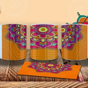 Taza con fondo naranja vibrante y un mandala detallado en tonos rosa, verde y amarillo. Diseño envolvente para sublimación.