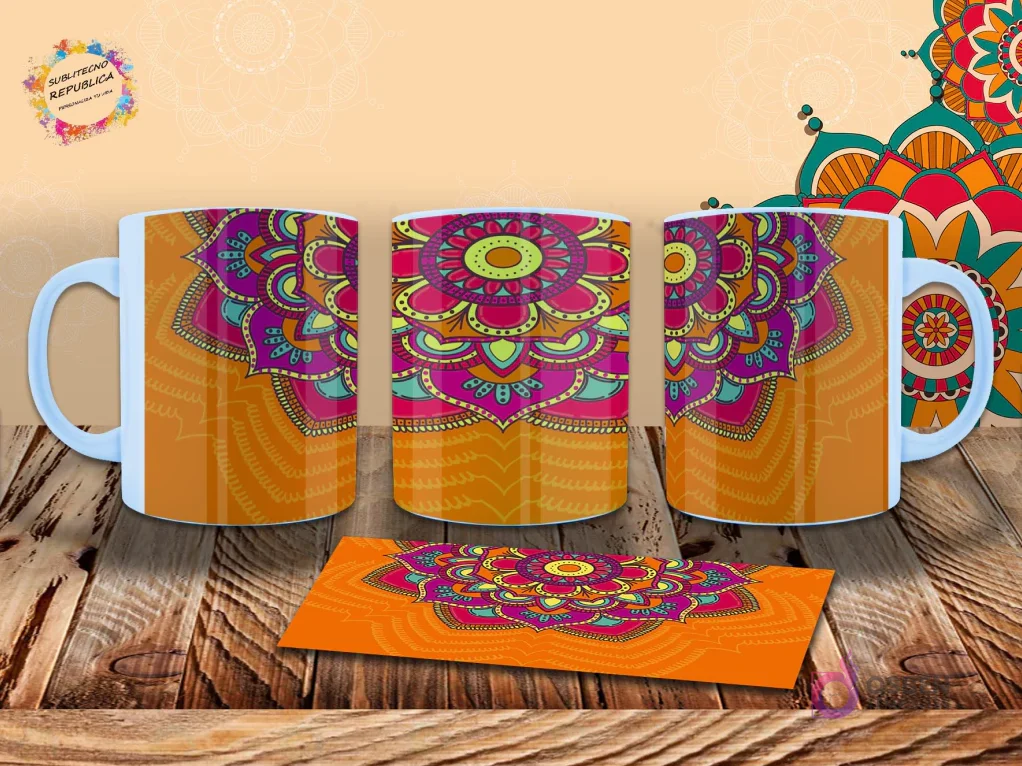 Taza con fondo naranja vibrante y un mandala detallado en tonos rosa, verde y amarillo. Diseño envolvente para sublimación. Taza con fondo naranja vibrante y un mandala detallado en tonos rosa, verde y amarillo. Diseño envolvente para sublimación.