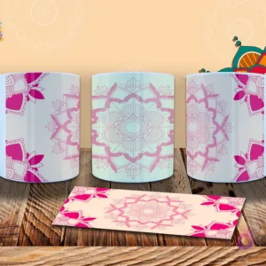 Taza con diseño de mandala completo en color rosa intenso, con detalles intrincados y un fondo claro. Ideal para sublimación.