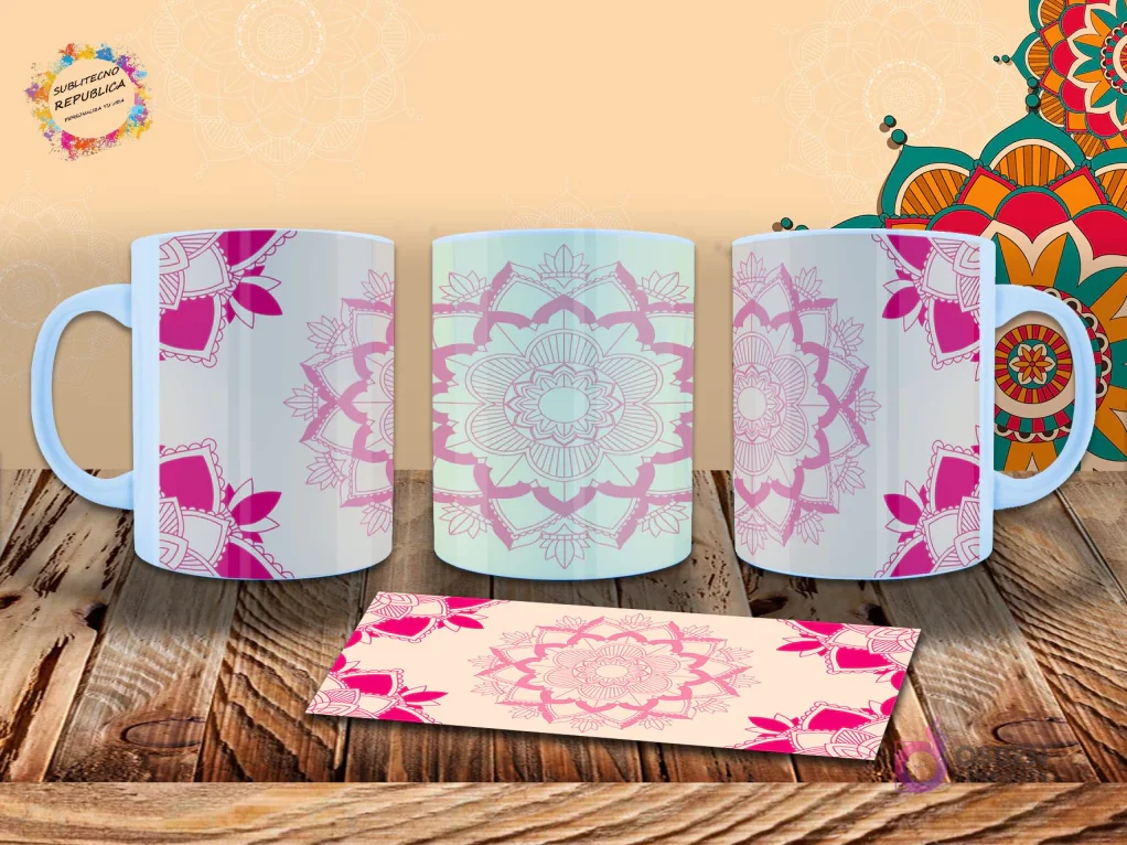 Taza con diseño de mandala completo en color rosa intenso, con detalles intrincados y un fondo claro. Ideal para sublimación. Taza con diseño de mandala completo en color rosa intenso, con detalles intrincados y un fondo claro. Ideal para sublimación.