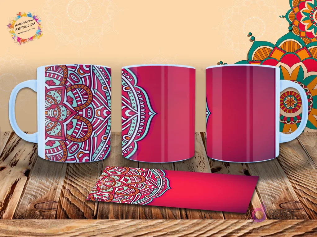 Taza con diseño de mandala en fucsia y turquesa sobre un fondo rojo vibrante, con estilo artístico y envolvente. Mockup. Taza con diseño de mandala en fucsia y turquesa sobre un fondo rojo vibrante, con estilo artístico y envolvente. Mockup.
