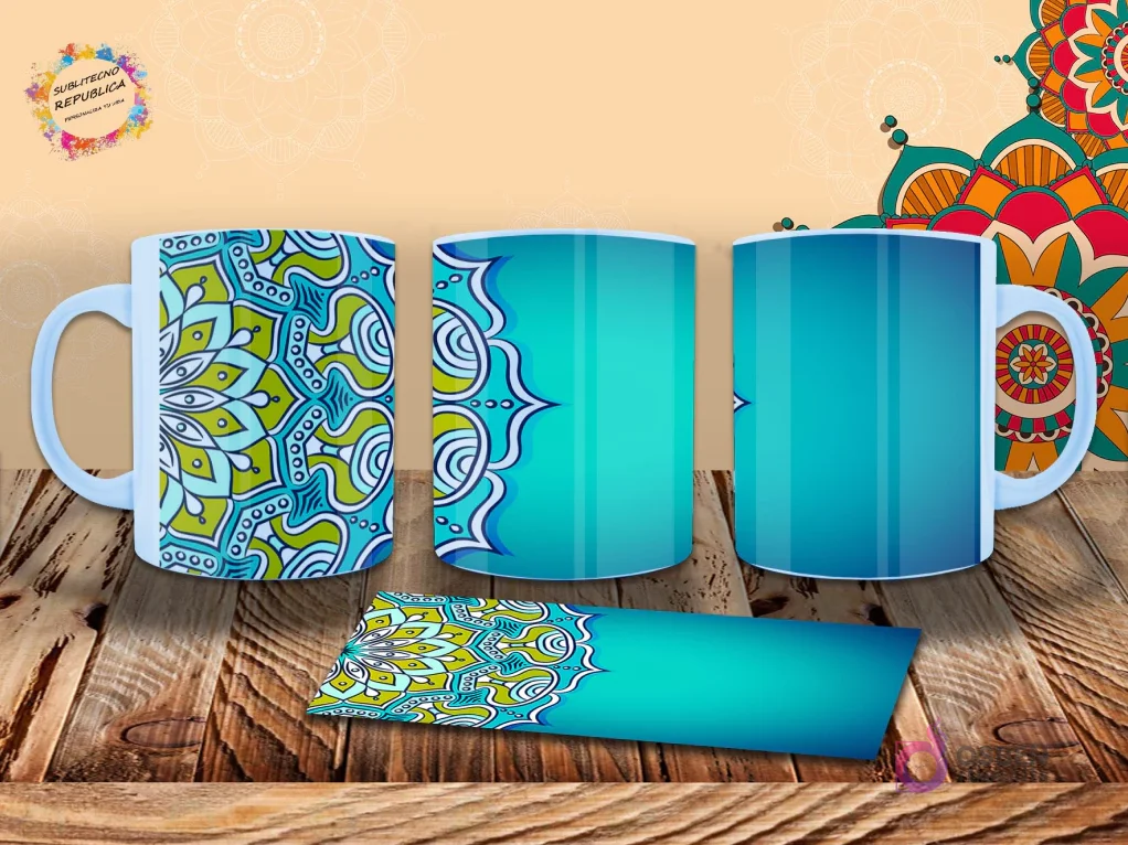 Taza con mandala de patrones florales en verde lima y turquesa, con un diseño parcial que captura la atención. Mockup sobre madera. Taza con mandala de patrones florales en verde lima y turquesa, con un diseño parcial que captura la atención. Mockup sobre madera.